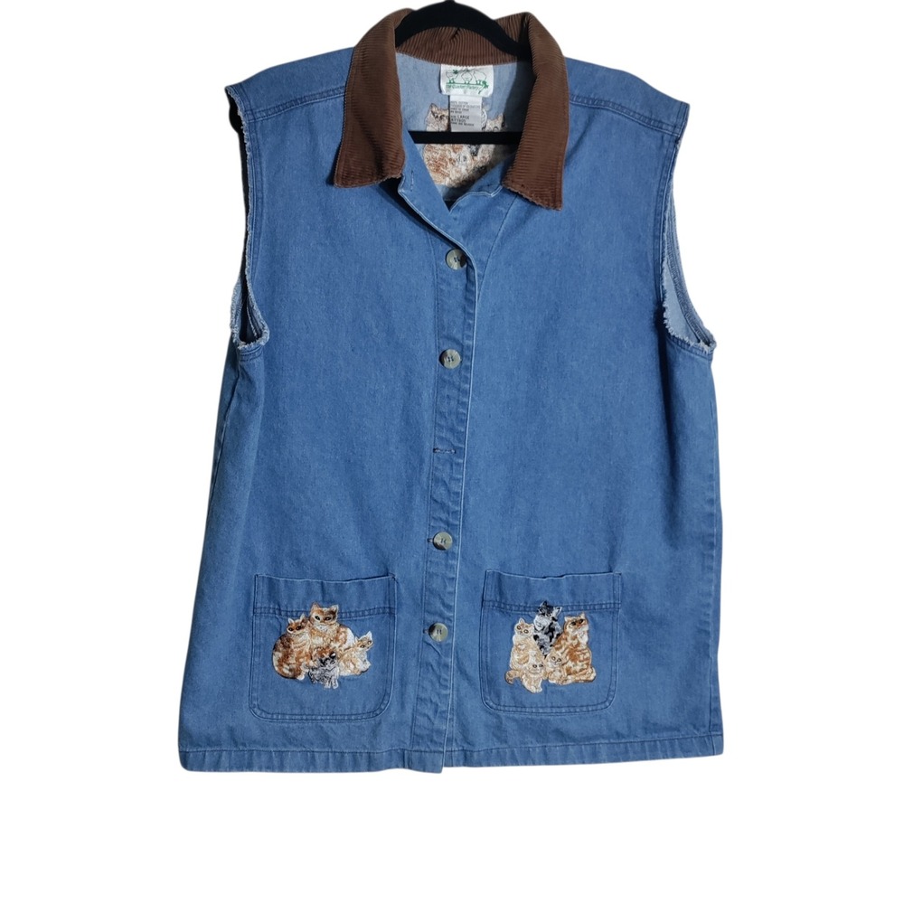 Quacker Factory Denim Cat Vest Blue Embroidered Corduroy Collar Large A77305